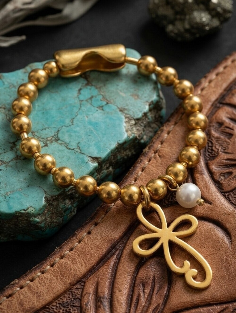 Chunky 24K Gold Stainless Steel Beaded Cross Pearl Bracelet Boho Stackable